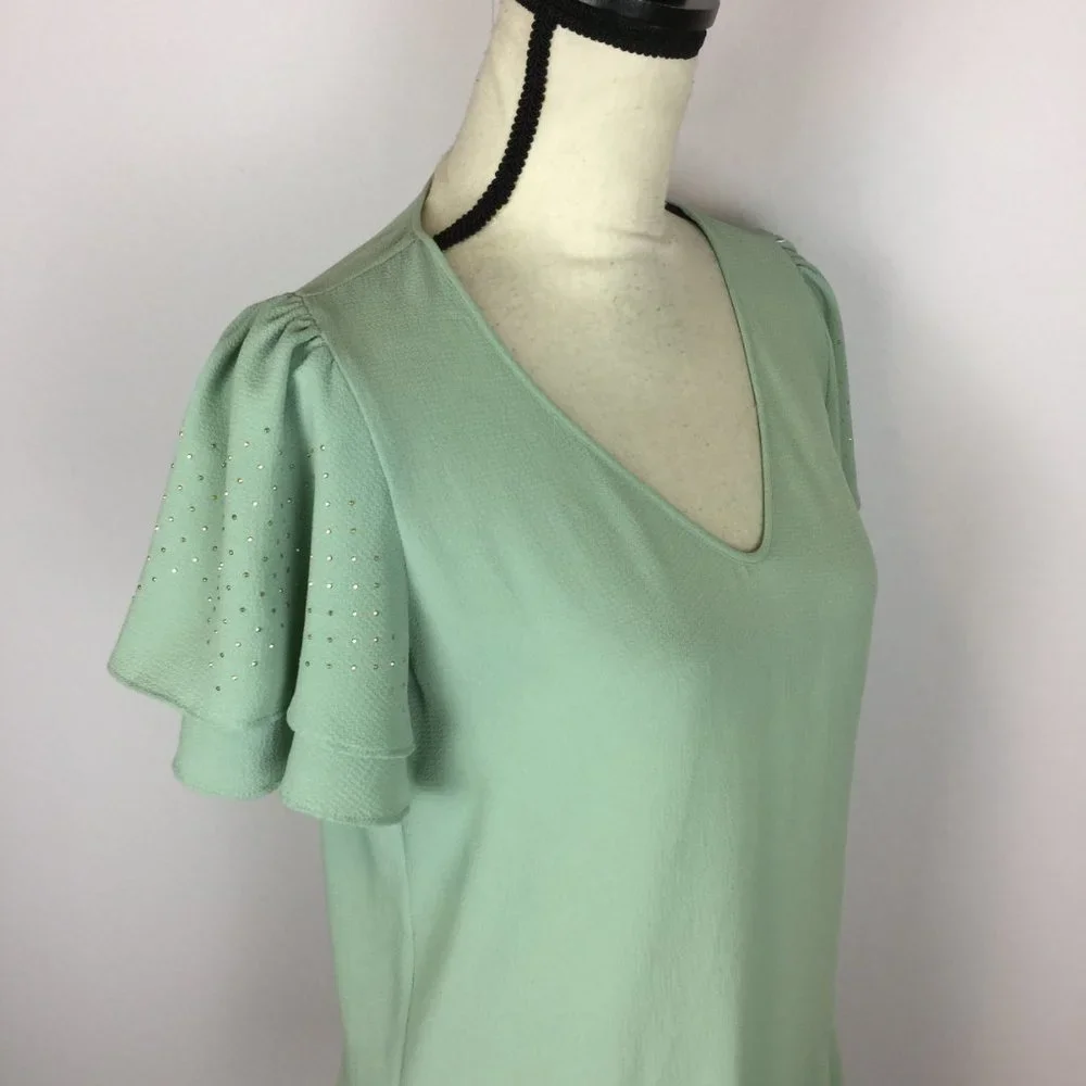Michael Kors Peplum Blouse Top Size S Womans Green V-Neck Layered Flutter Sleeve - Picture 6 of 12